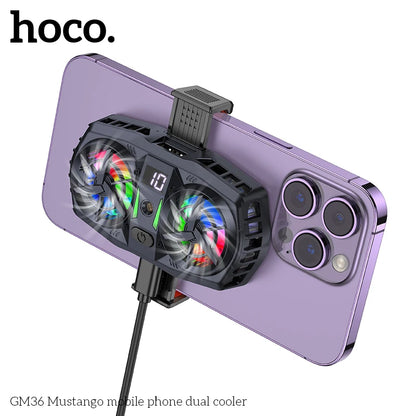 Hoco GM36 Mustang phone cooler with dual fans on a white background