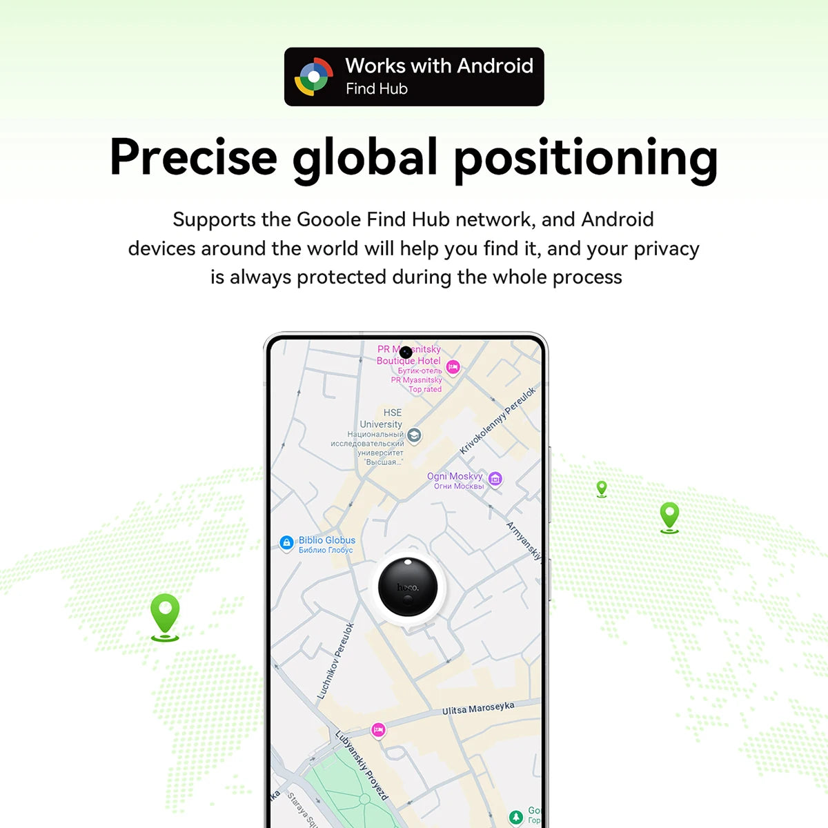 Smartphone with map application on screen, featuring 'Works with Android' logo and text about precise global positioning.