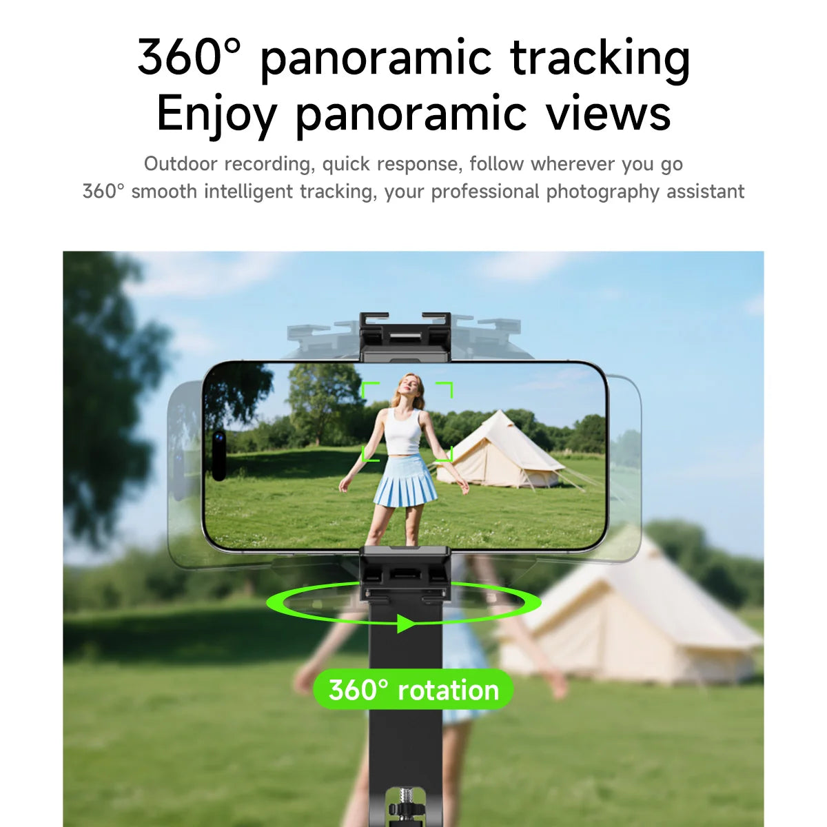 360-degree panoramic tracking device with a smartphone displaying a person in a field with tents.