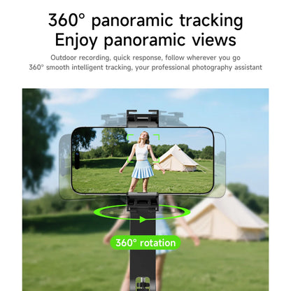 360-degree panoramic tracking device with a smartphone displaying a person in a field with tents.