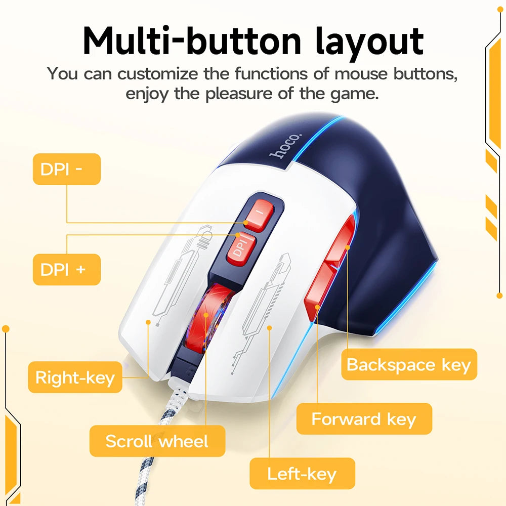 Gaming mouse with labeled buttons on a white background