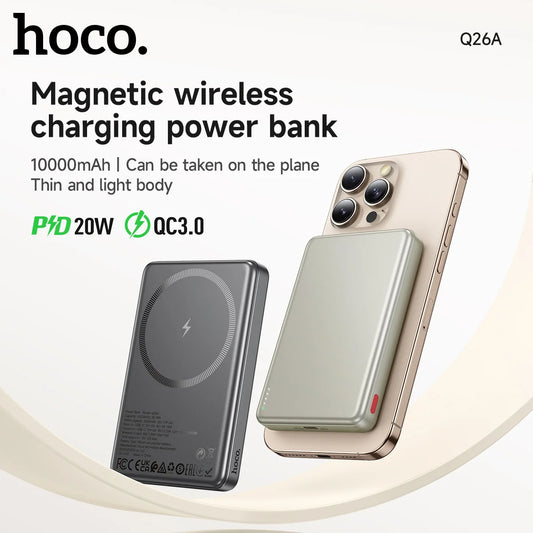 hoco. magnetic wireless charging power bank with smartphone on a white background