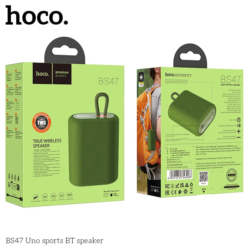 Green hoco BS47 Uno sports BT speaker packaging on a white background