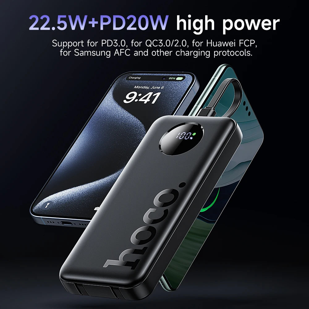 Black power bank with smartphone and smartwatch on a dark background, featuring 'hoco' branding.