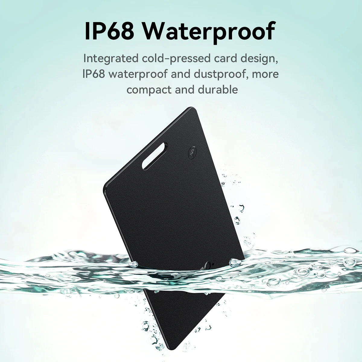 Black card with water splashes and text highlighting IP68 waterproof and dustproof features.