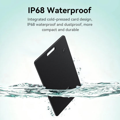 Black card with water splashes and text highlighting IP68 waterproof and dustproof features.