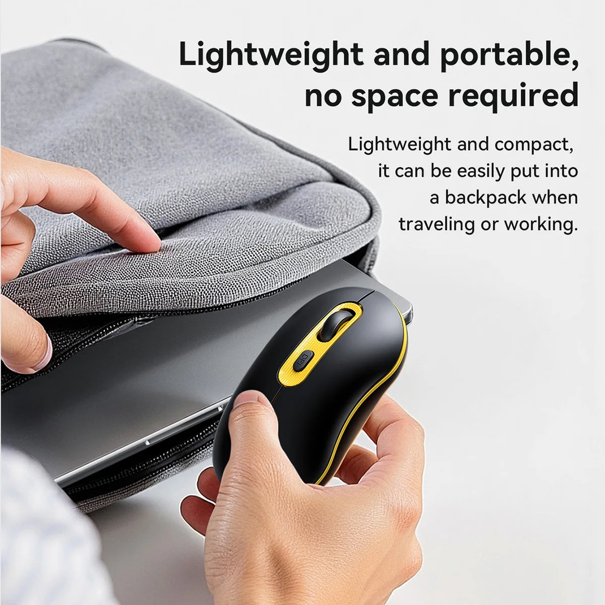 Hand placing a black and yellow mouse into a gray backpack with text about its lightweight and portable nature.