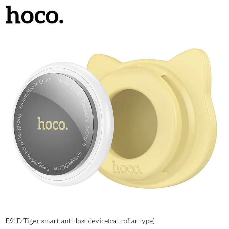 Yellow and white smart anti-lost device with 'hoco.' branding on a white background