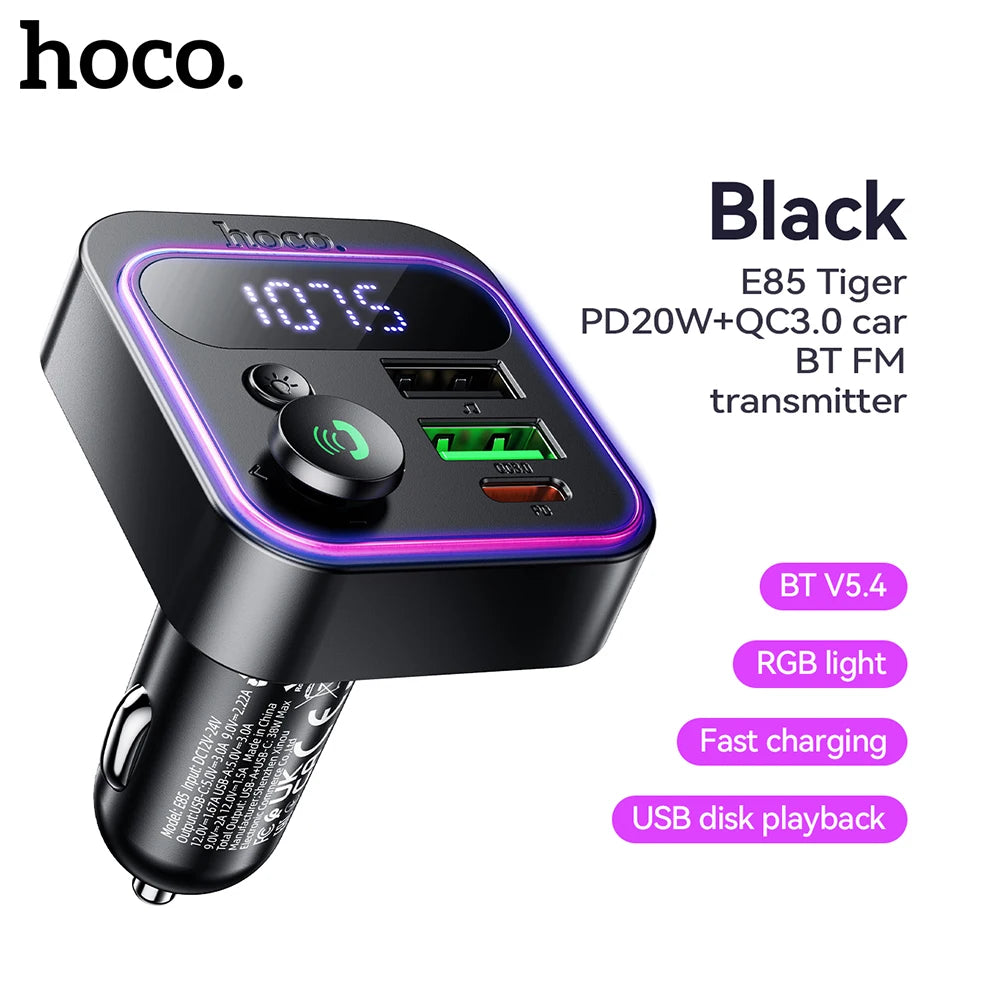 Black car charger with digital display and RGB lighting on a white background, featuring the brand 'hoco'.
