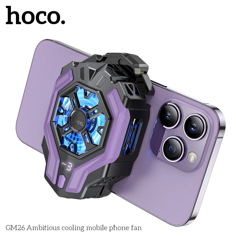 Hoco GM26 ambitious cooling mobile phone fan attached to a purple smartphone on a white background