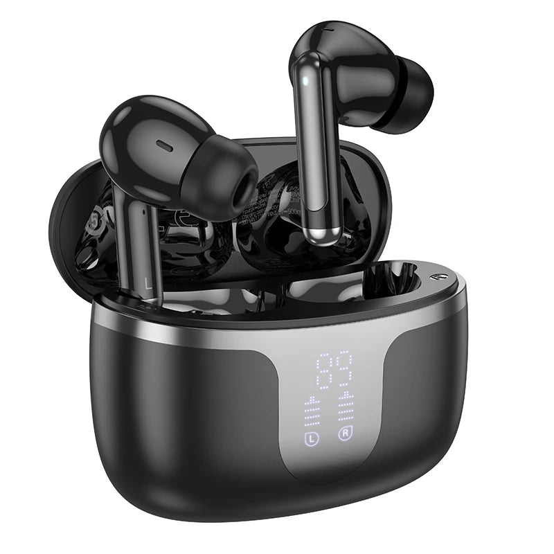 Black wireless earbuds with charging case on a white background