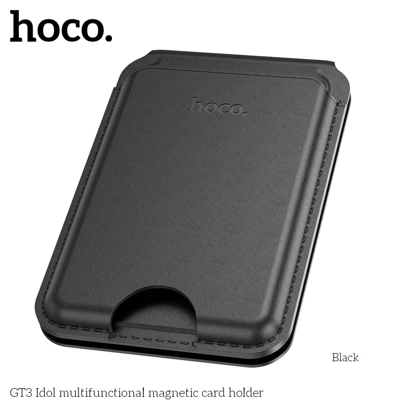 Black multifunctional magnetic card holder with 'hoco.' branding on a white background