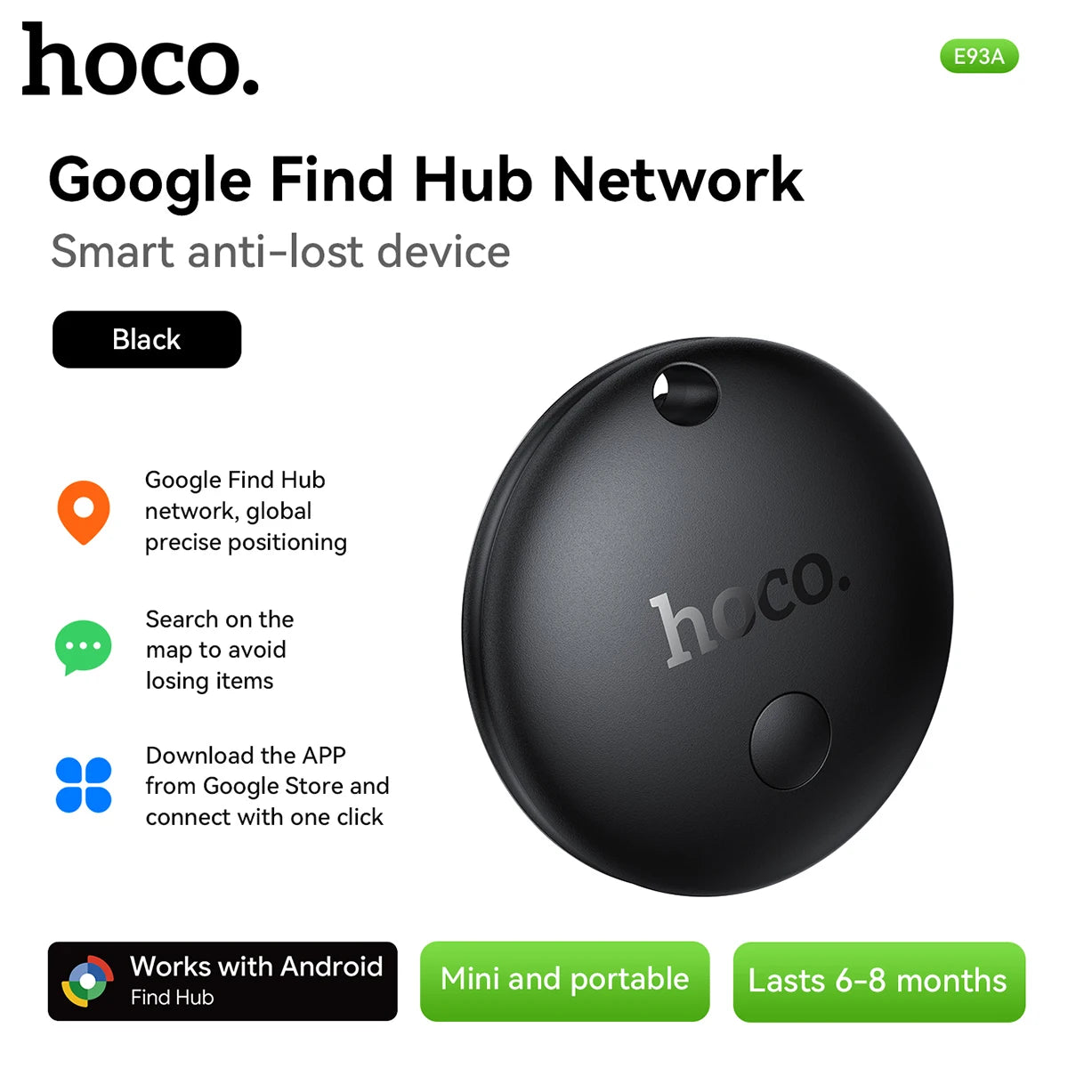 Black smart anti-lost device with hoco branding on a white background