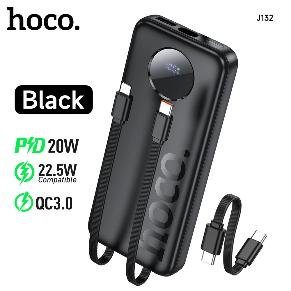 Black power bank with charging cable on a white background, featuring hoco branding.