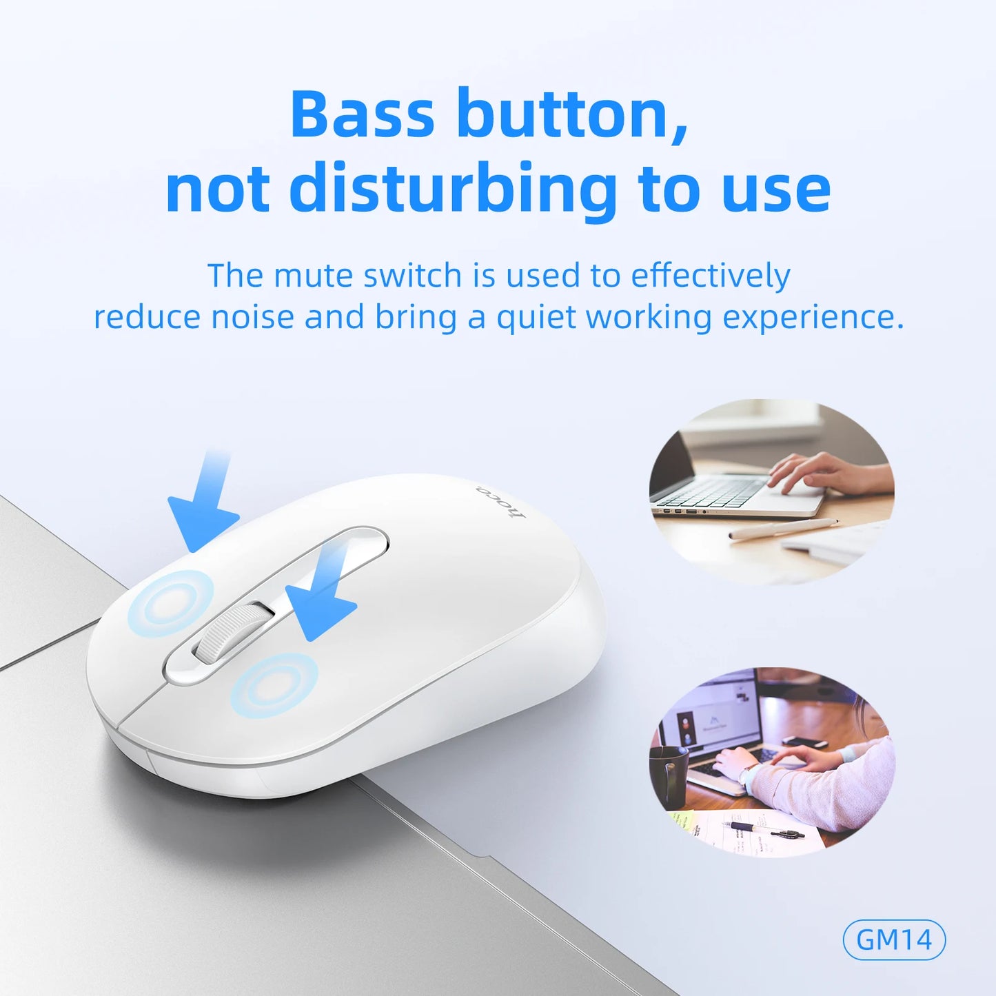 White computer mouse with a mute switch labeled 'Bass button, not disturbing to use' on a light gray background.