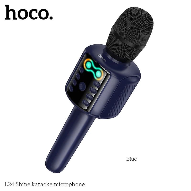 Blue karaoke microphone with control panel on a white background, featuring the brand 'hoco'.