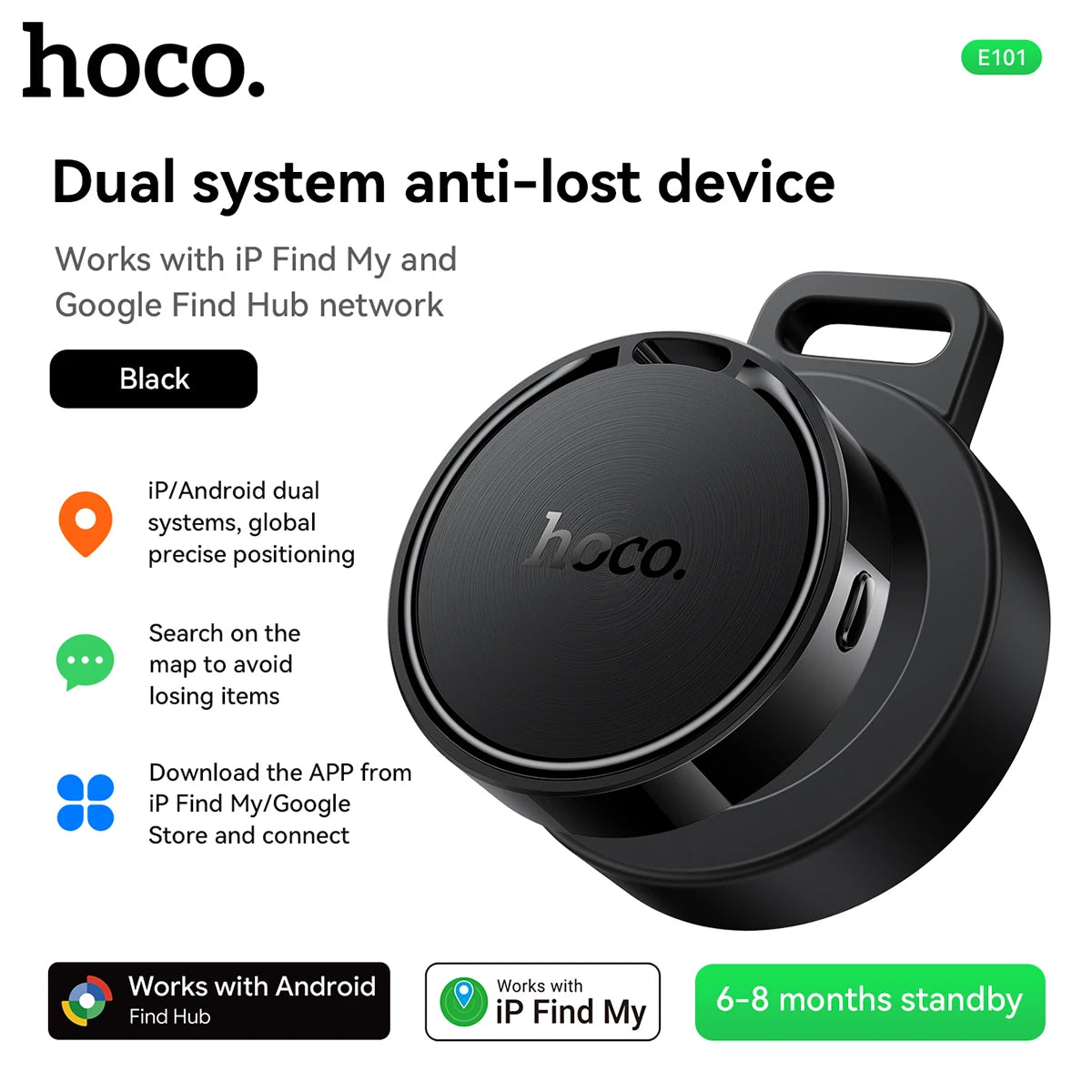 Black dual system anti-lost device with hoco branding on a white background