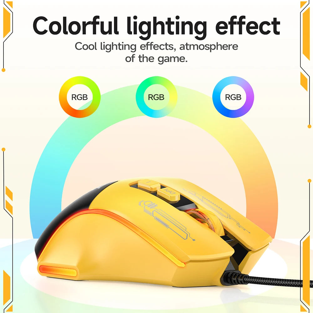 Yellow gaming mouse with RGB lighting effects on a white background