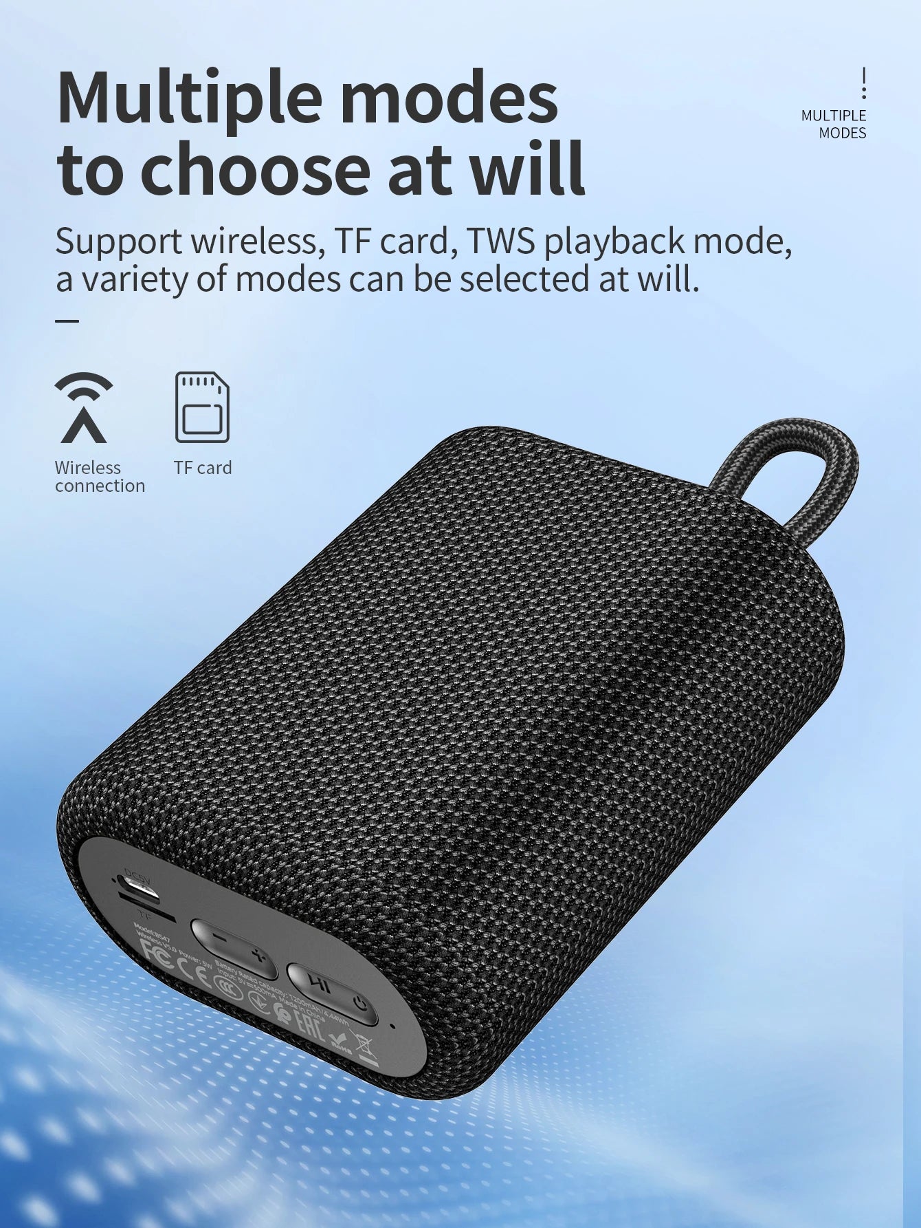 Black portable speaker with text about multiple modes on a blue background