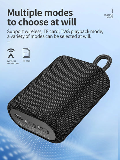 Black portable speaker with text about multiple modes on a blue background