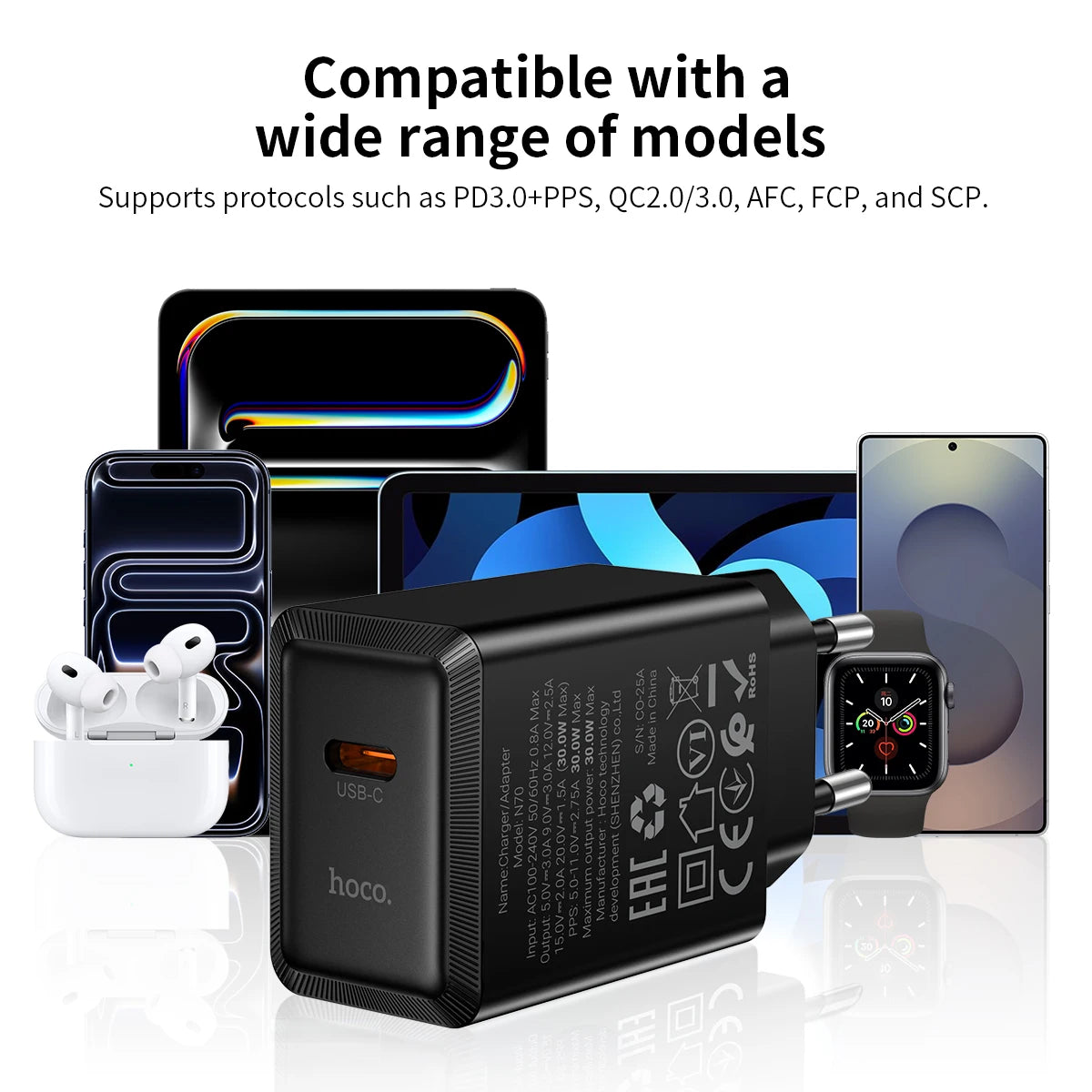 HOCO N70 30W GaN USB-C Charger with Built-In Cable