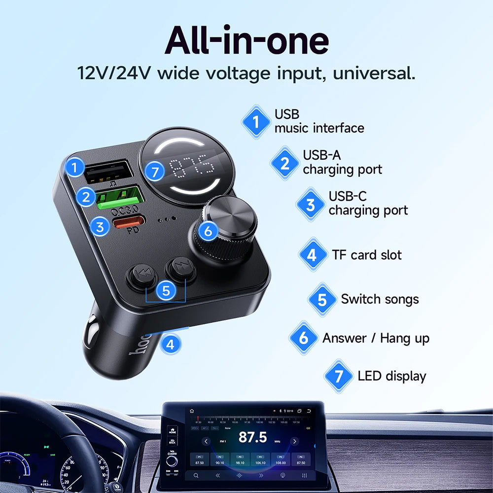 Car multimedia player with multiple ports and functions on a blue background