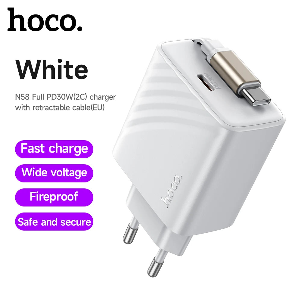 HOCO N58 30W GaN USB-C Charger with Retractable Cable