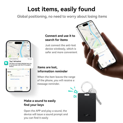 Anti-lost device with smartphone app interface showing item location and features.