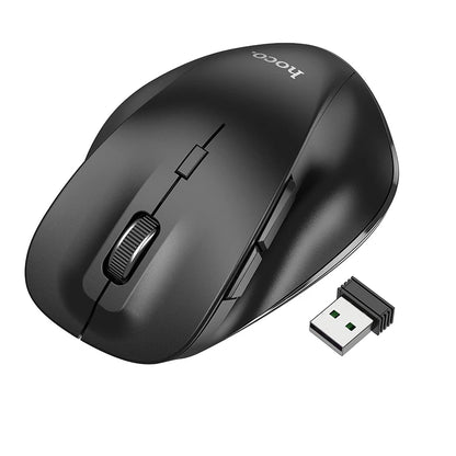 Black computer mouse with USB receiver on a white background