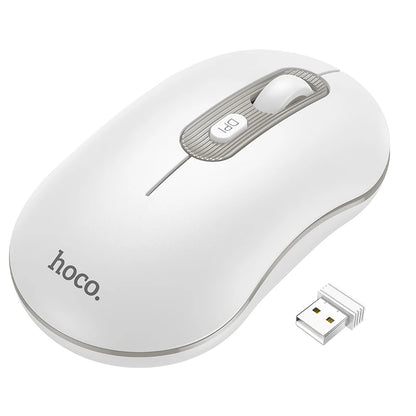 White computer mouse with USB receiver on a white background, featuring the brand 'hoco'.
