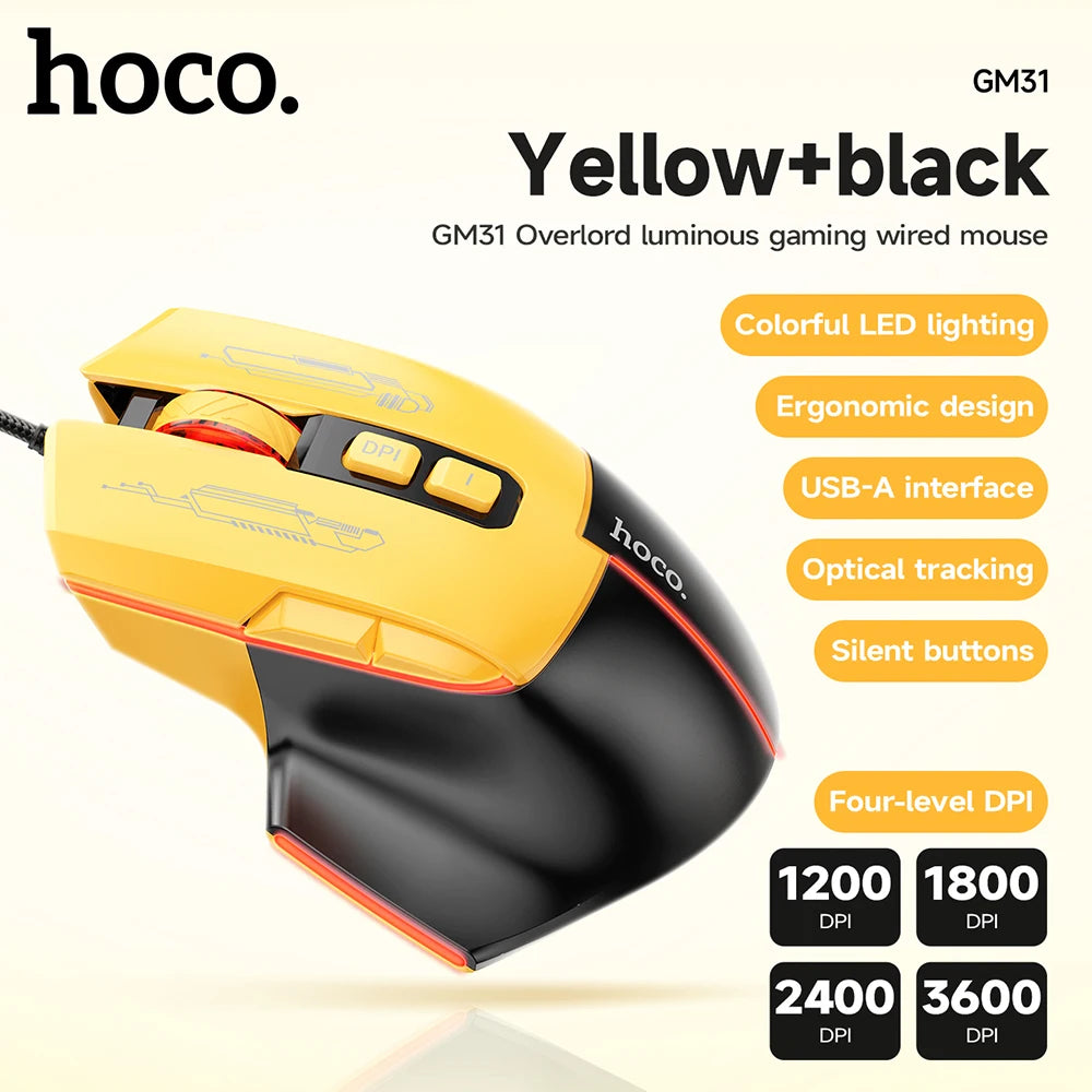 Yellow and black gaming mouse with hoco branding on a white background