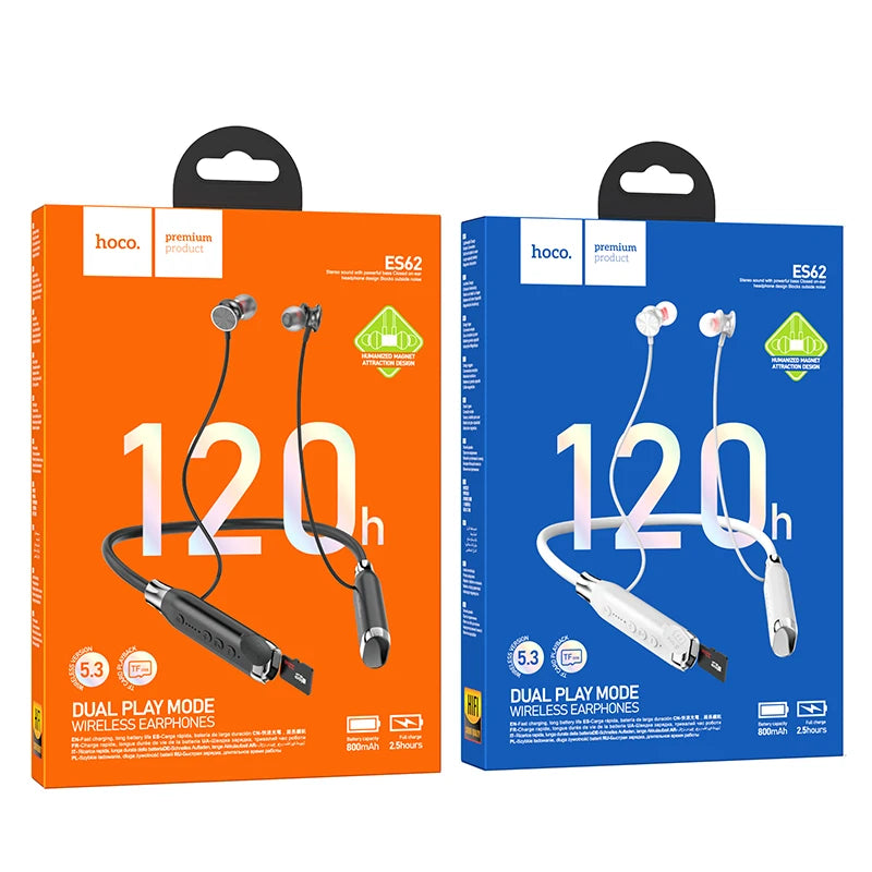 Orange and blue packaging of hoco wireless earphones with earbud illustrations.