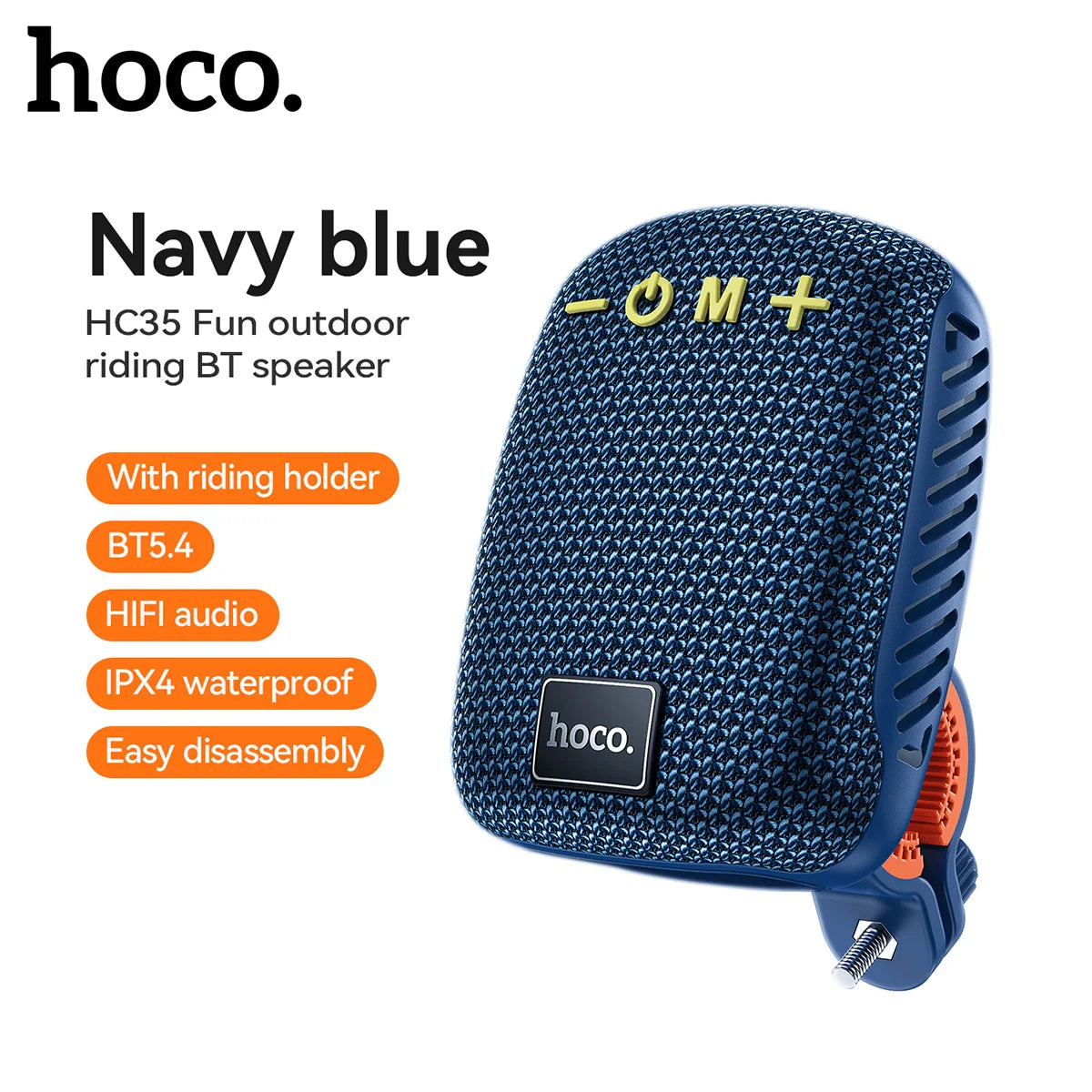 Navy blue Hoco outdoor riding BT speaker with features listed on a white background