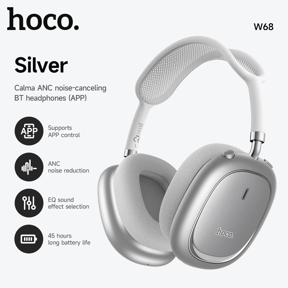 Silver noise-canceling BT headphones with hoco branding on a white background
