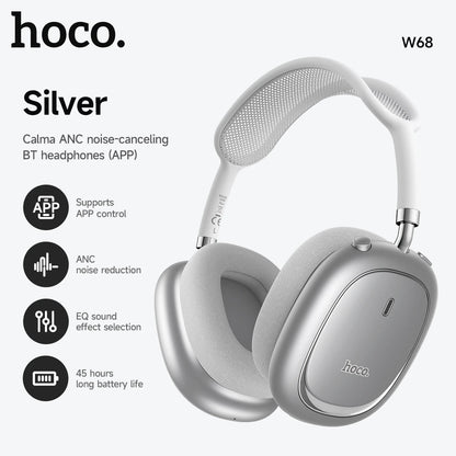Silver noise-canceling BT headphones with hoco branding on a white background
