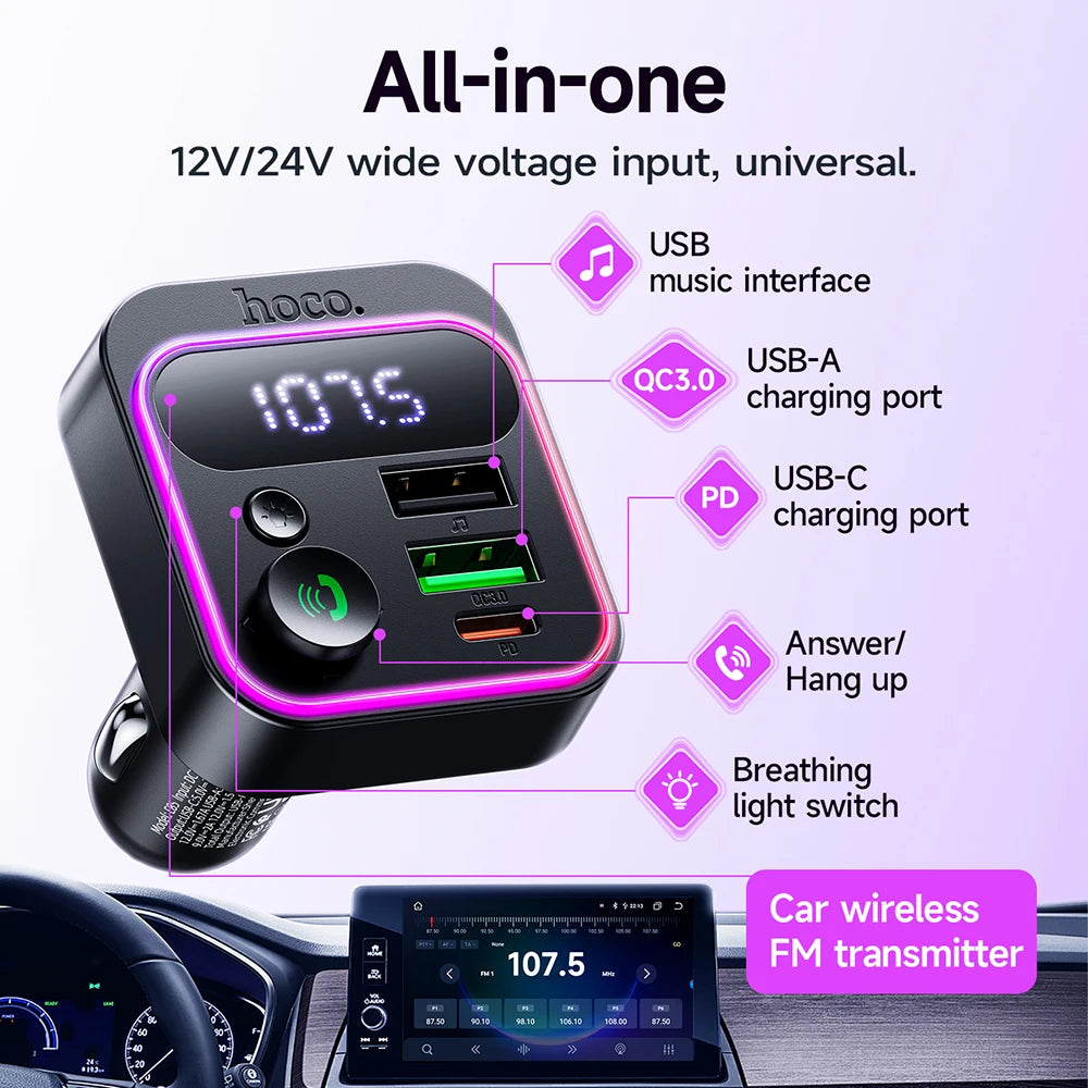 Car charger with multiple ports and features highlighted on a white background