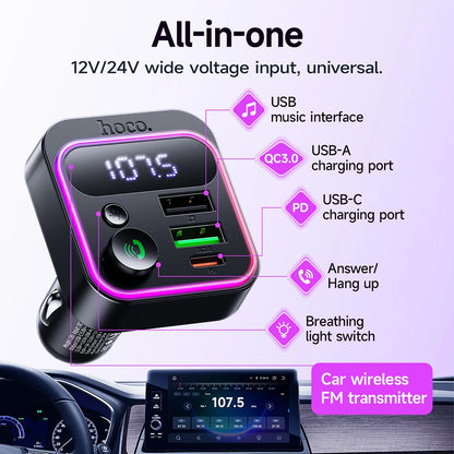 Car charger with multiple ports and features highlighted on a white background