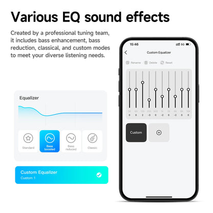 Phone screen displaying equalizer settings with text about EQ sound effects.