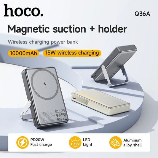 hoco Q36A magnetic suction holder with wireless charging power bank on a white background