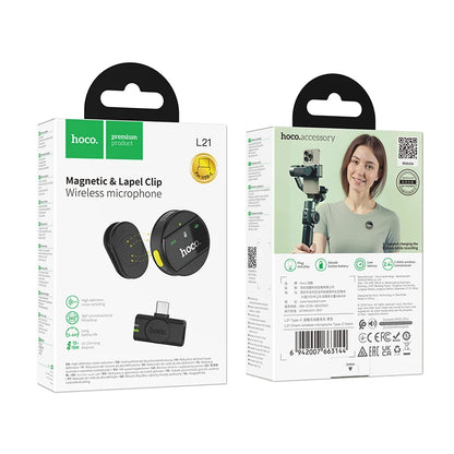 Two Hoco product boxes for magnetic and lapel clip wireless microphone on a white background