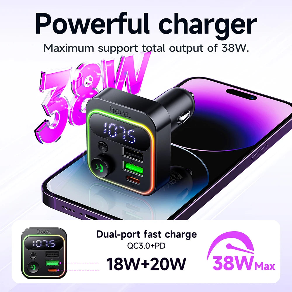 Car charger with dual ports and digital display on a white background, showing 38W maximum output.