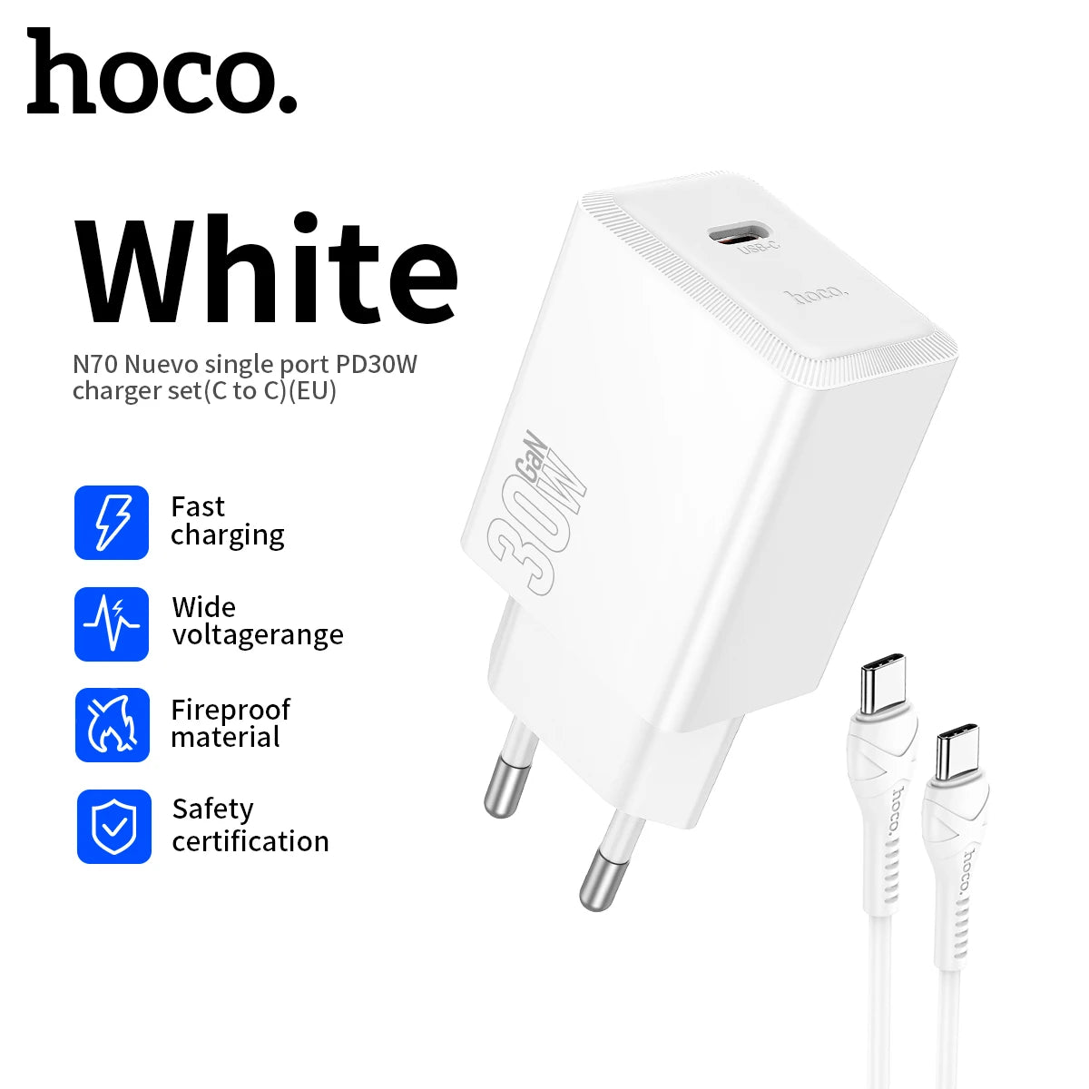 HOCO N70 30W GaN USB-C Charger with Built-In Cable