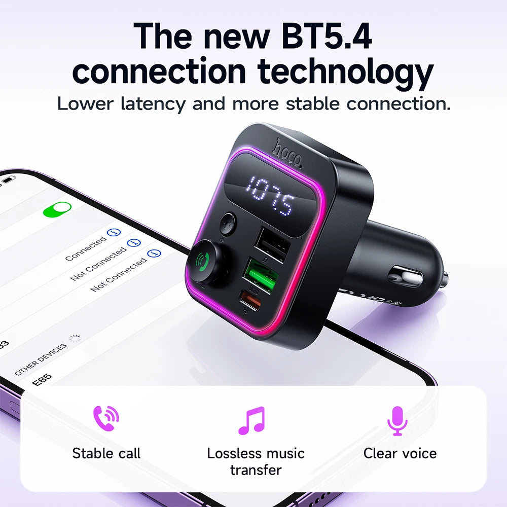 Car charger with Bluetooth 5.4 connection technology on a white background