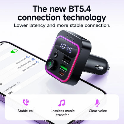 Car charger with Bluetooth 5.4 connection technology on a white background