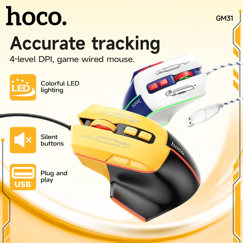 Hoco gaming mouse with features highlighted on a yellow background