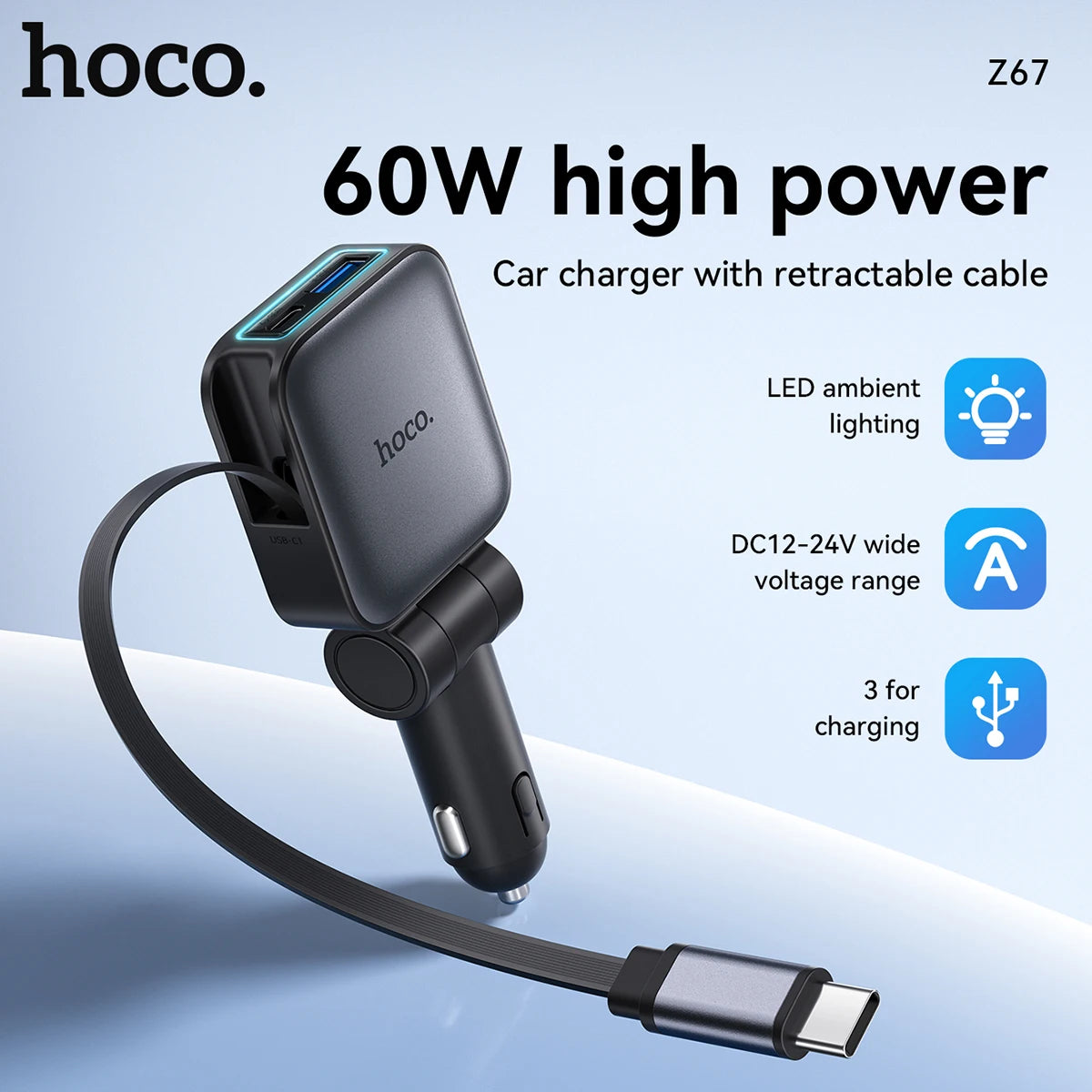 HOCO Z67 60W Retractable USB-C Car Charger