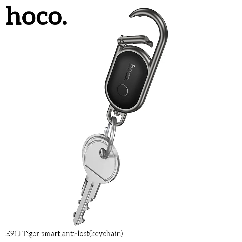 Smart keychain with key and carabiner on a white background, featuring the brand 'hoco'.