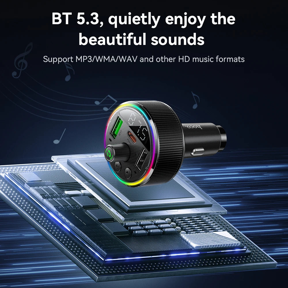Car audio adapter with colorful LED lights on a dark background with text about Bluetooth version and music formats.