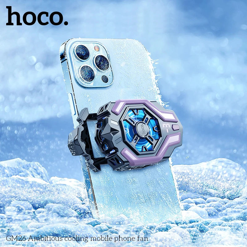 Hoco phone cooling fan with ice block effect on a snowy background