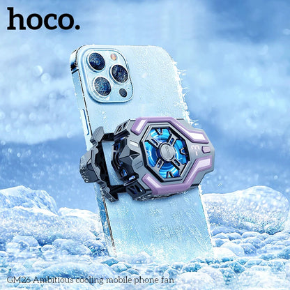 Hoco phone cooling fan with ice block effect on a snowy background